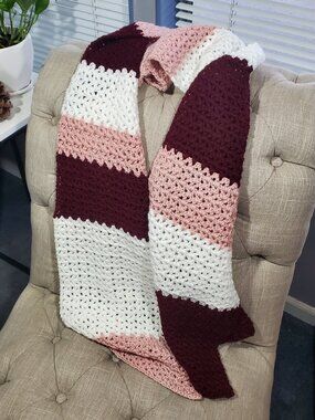 Blush Pink, White + Burgundy Crocheted Scarf